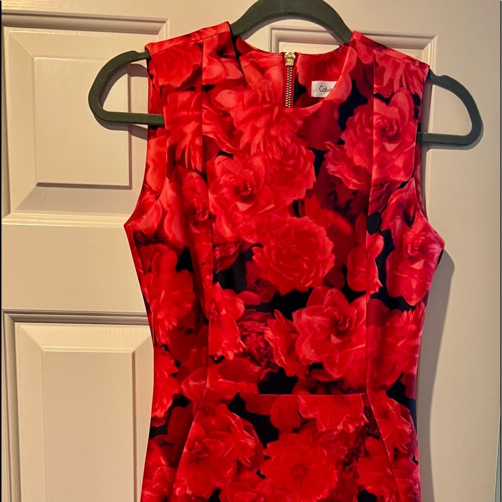 Red Floral Calvin Klein dress, like new. Worn once, just above knee in length